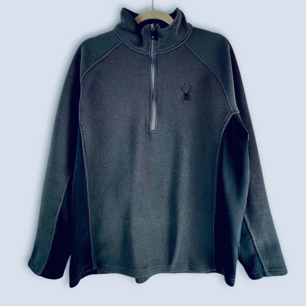 Spyder Mens XL Quarter Zip Pullover Sweater Gray Ribbed Knit Fleece Lined Gray